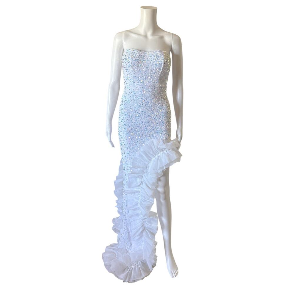 Faeriesty Womens White Sequin Ruffle Mermaid Maxi Dress Strapless Prom Formal